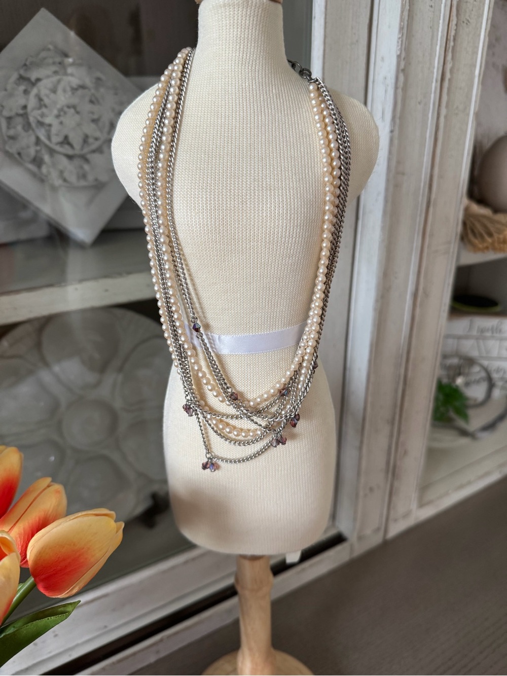 Sabika Layered Pearl and Silver Chain Necklace - Cream and Silver